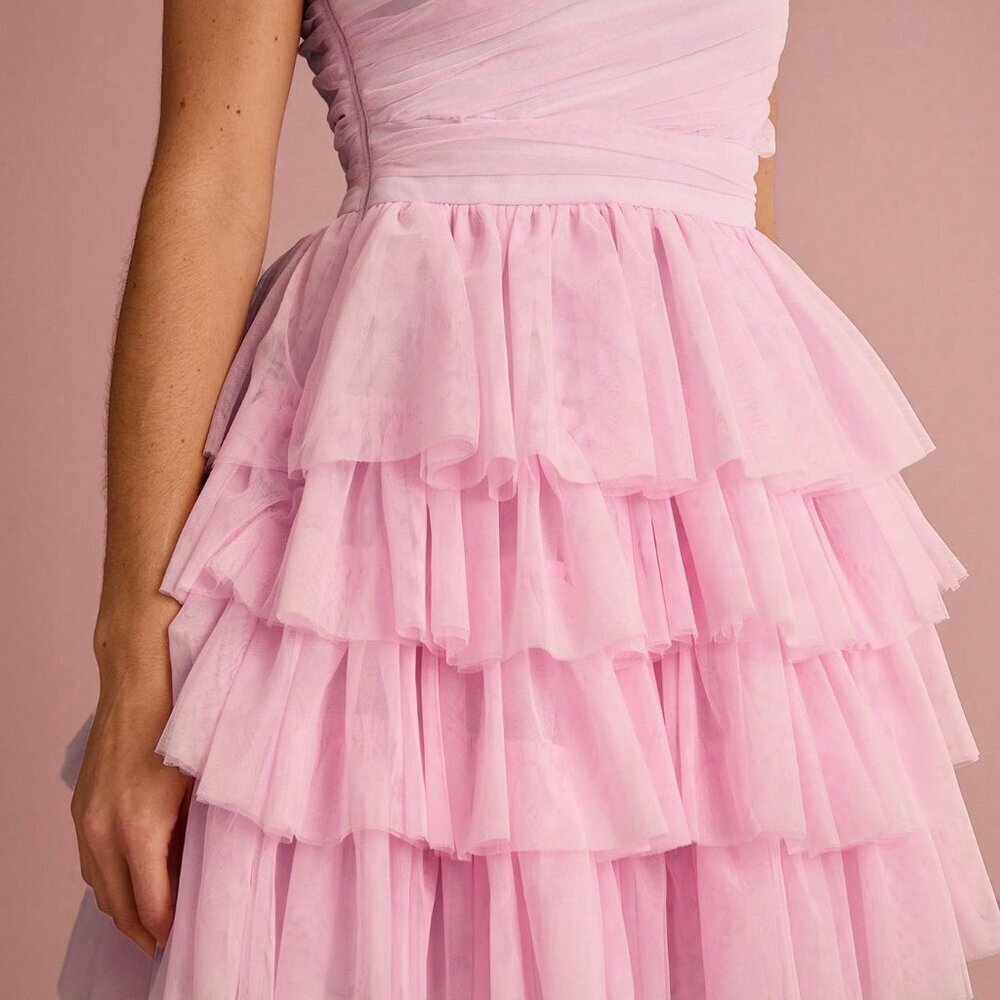 Baby Pink Elegant Women's One Shoulder Ruched Layered Ruffle Mesh Dress - Picture 7 of 7